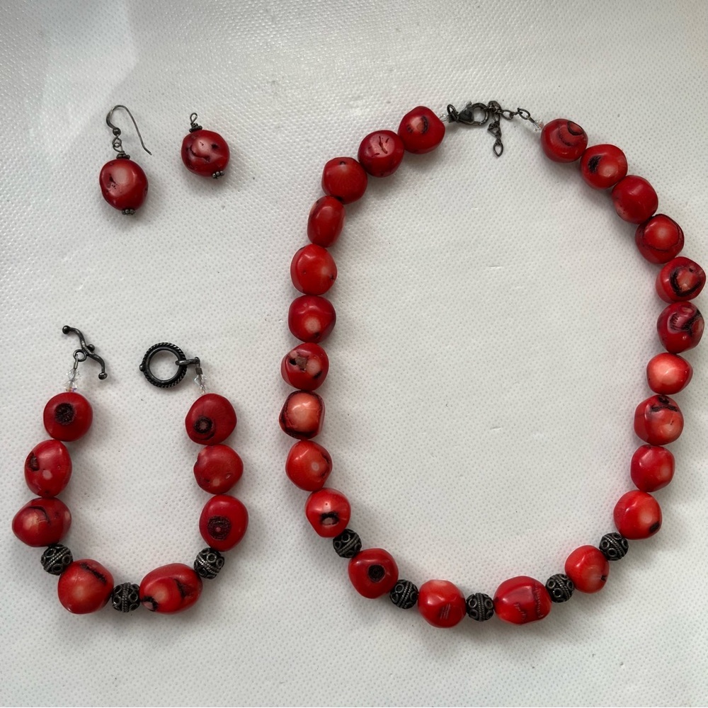 Vintage Chunky Corral Beaded Necklace Bracelet Earrings Set 925